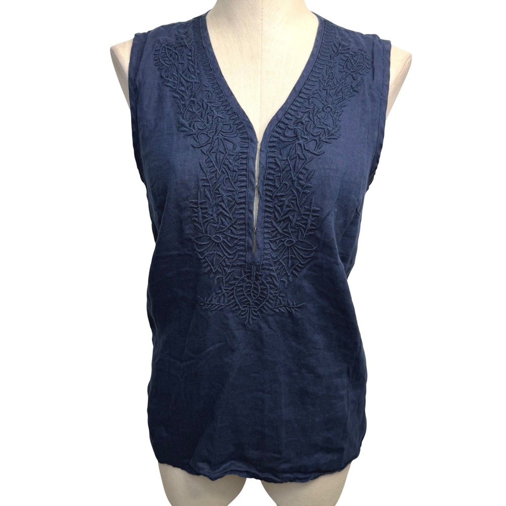 Elie Tahari Medium 100% Linen Navy Blue Tank Top Embroidered V Neck